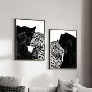 2pcs Frameless Canvas Posters, Retro Black Panther Art Print, Black White Modern Animal Wall Decor, Living Room Bedroom Kitchen Corridor Unique Home Decor