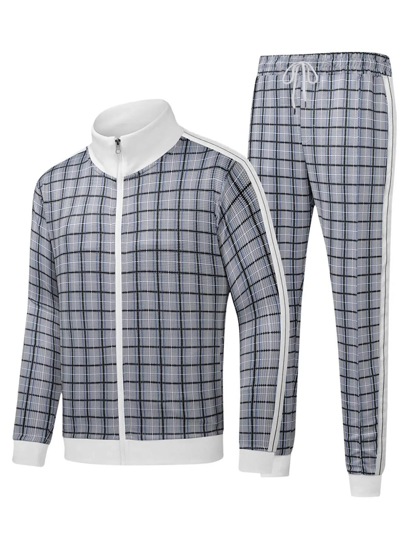 2Pcs Tracksuit Set Classic Plaid Men's Athletic Casual Full-Zip Sweatsuits Long Sleeve Jacket And Jogging Pants Set For Gym Workout Running, Fall outfit