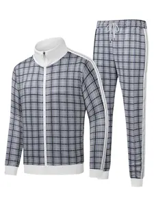2Pcs Tracksuit Set Classic Plaid Men's Athletic Casual Full-Zip Sweatsuits Long Sleeve Jacket And Jogging Pants Set For Gym Workout Running, Fall outfit