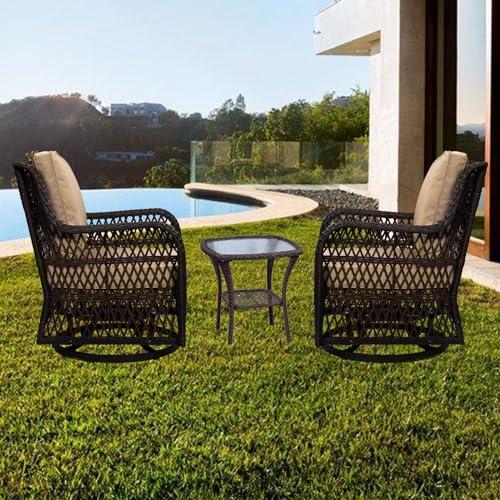 GARVEE 3 Pieces Rattan Swivel Rocking Chair Outdoor, Patio Bistro Conversation Furniture Set, Wicker Chair with Cushions and Table