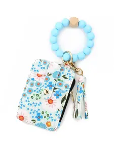 Boho Floral PU Leather Card Case, Beaded Keychain Wallet with Tassel, Essential Daily Commute Accessory