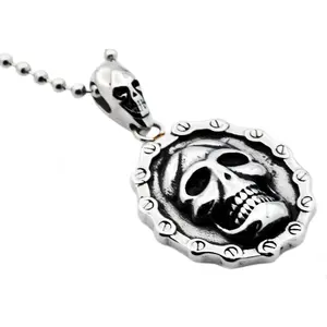 Mens Stainless Steel Biker Skull Pendant Necklace