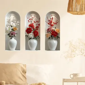 3pc Elegant Artificial Flower Vase Wall Stickers, Creative Home Decor Decoration for Entryway, Dining Room, Airbnb, PVC Self-Adhesive Material