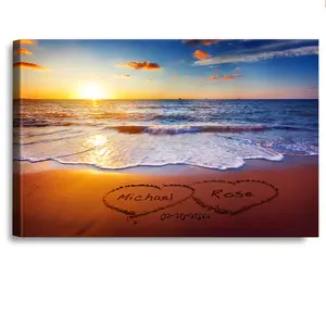Love on Beach Heart in Heart Personalized Canvas Prints Artwork with Couple's Names and Date on,Perfect Love Gift for Anniversary,Wedding,Birthday and Holidays.