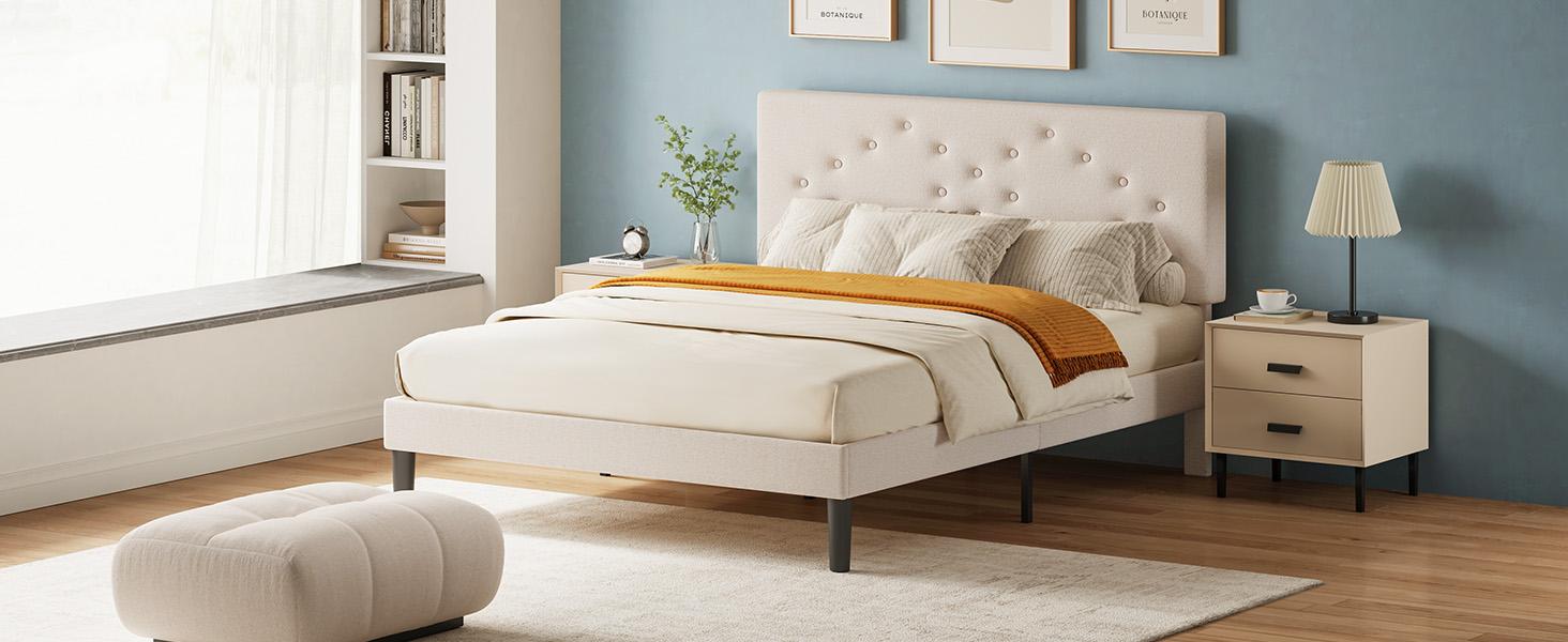 Bed Frame with Height-Adjustable Upholstered Headboard, Crystal Buckle Accents, Beige