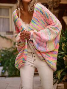 elegant women's knitted cardigan, buttonless gradient color block sweater, loose-fit casual outerwear for fall & winter, knitwear