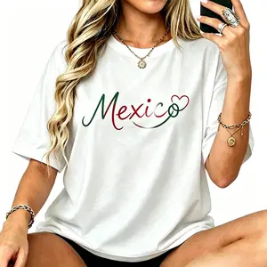 Women Cotton T-shirt with Heart Mexican Flag Print Soft Breathable T-Shirt for Girls Boys Mexican Independence Day Short Sleeve All Ages