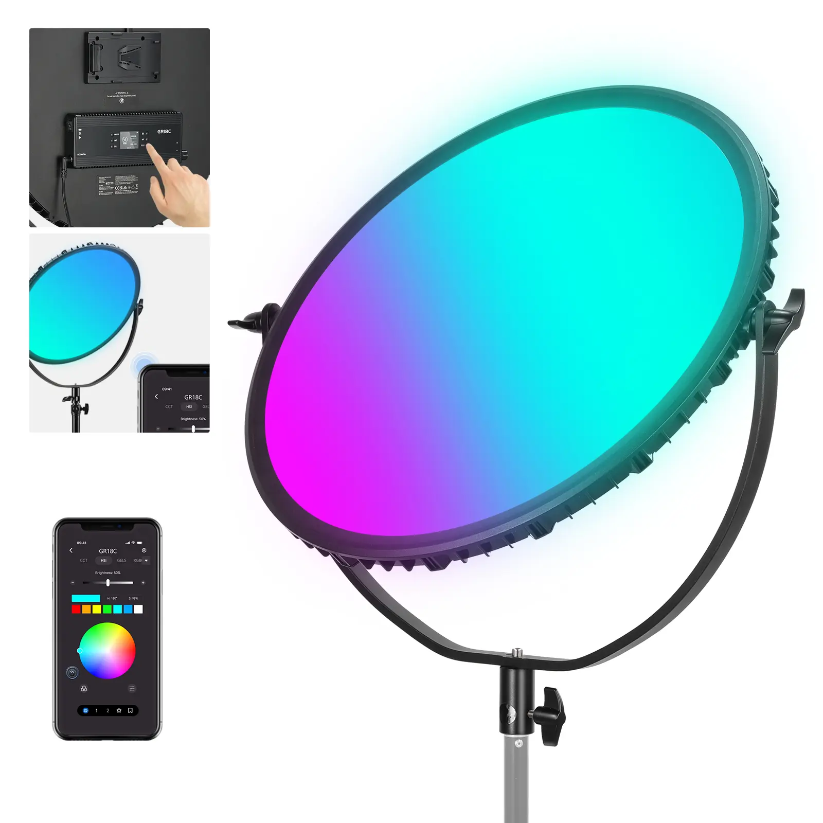 NEEWER 18" RGB LED Round Panel Video Light with APP Control, 65W 6000Lux/0.5m 2500K-8500K RGBCW Photography Studio Lighting /18 Scenes/V Battery Powered for Outdoor Filming Recording Streaming, GR18C
