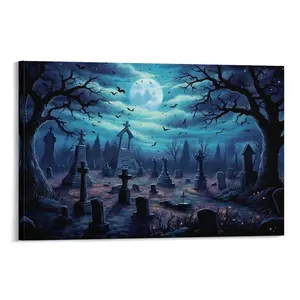 Halloween Cemetery Scene Wall Decor Canva Print - Spooky Wall Art And Pictures Canvas Poster Bedroom Decor Sports Landscape Office Room Decor Gift