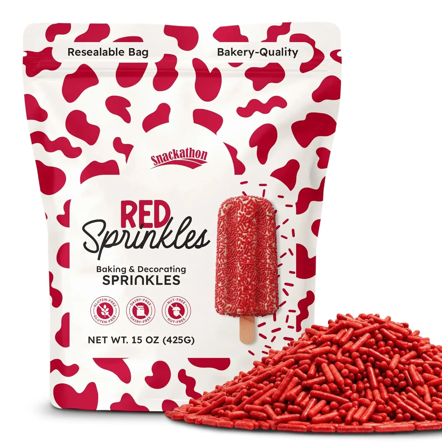 Snackathon Red Sprinkles for Baking & Decorating, 15 oz Vibrant Red Jimmies in Resealable Pouch, Gluten Free Sprinkles for Cakes, Ice Cream Toppings & Desserts