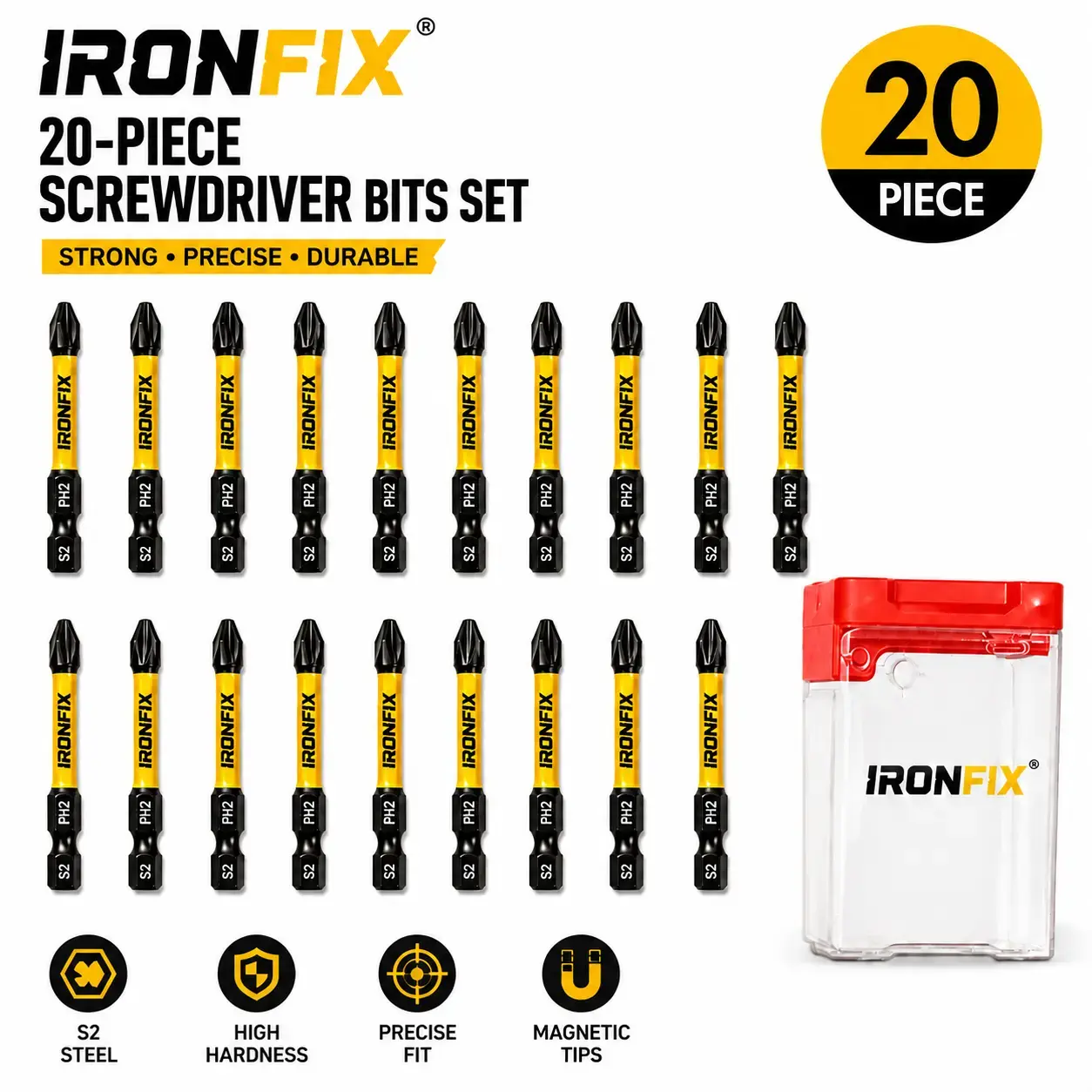 IRONFIX 20PCS Magnetic Impact Driver Bit Set, SQ2/T20/T15 Options, 50mm (2") S2 Steel Screwdriver Bits with Storage Case for Power Drill, Auto Repair, Furniture & DIY
