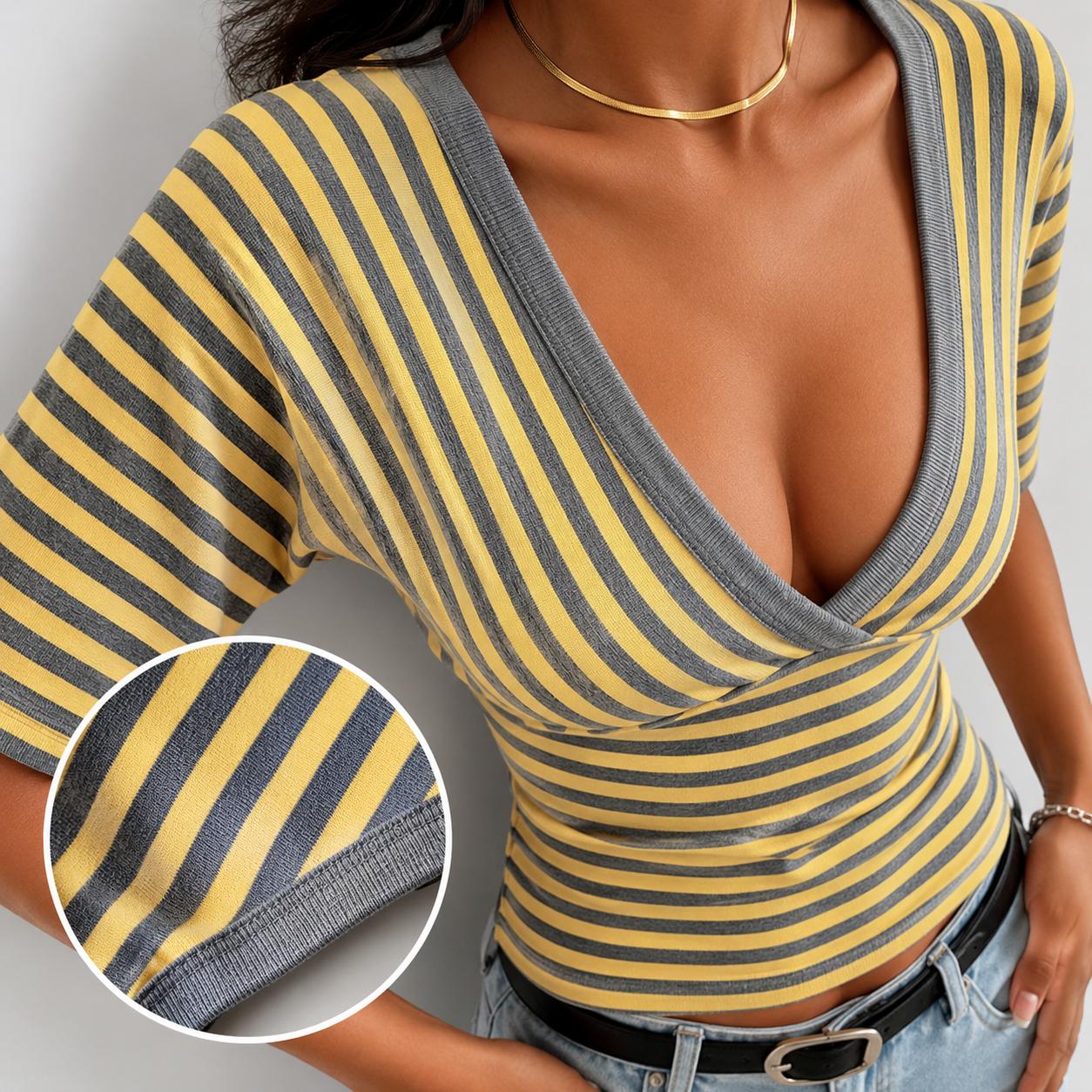 Women’s Striped V-Neck Wrap Crop Top, Puff Sleeve Slim Fit Y2K Blouse, Casual Going Out Shirt for Everyday Wear