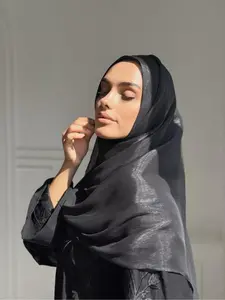 Women's Elegant Pleated Sequined Scarf Hijab, Pure Color Modesty Muslim Long Headscarf, Sun Protection Shawl, Suitable for All Occasions