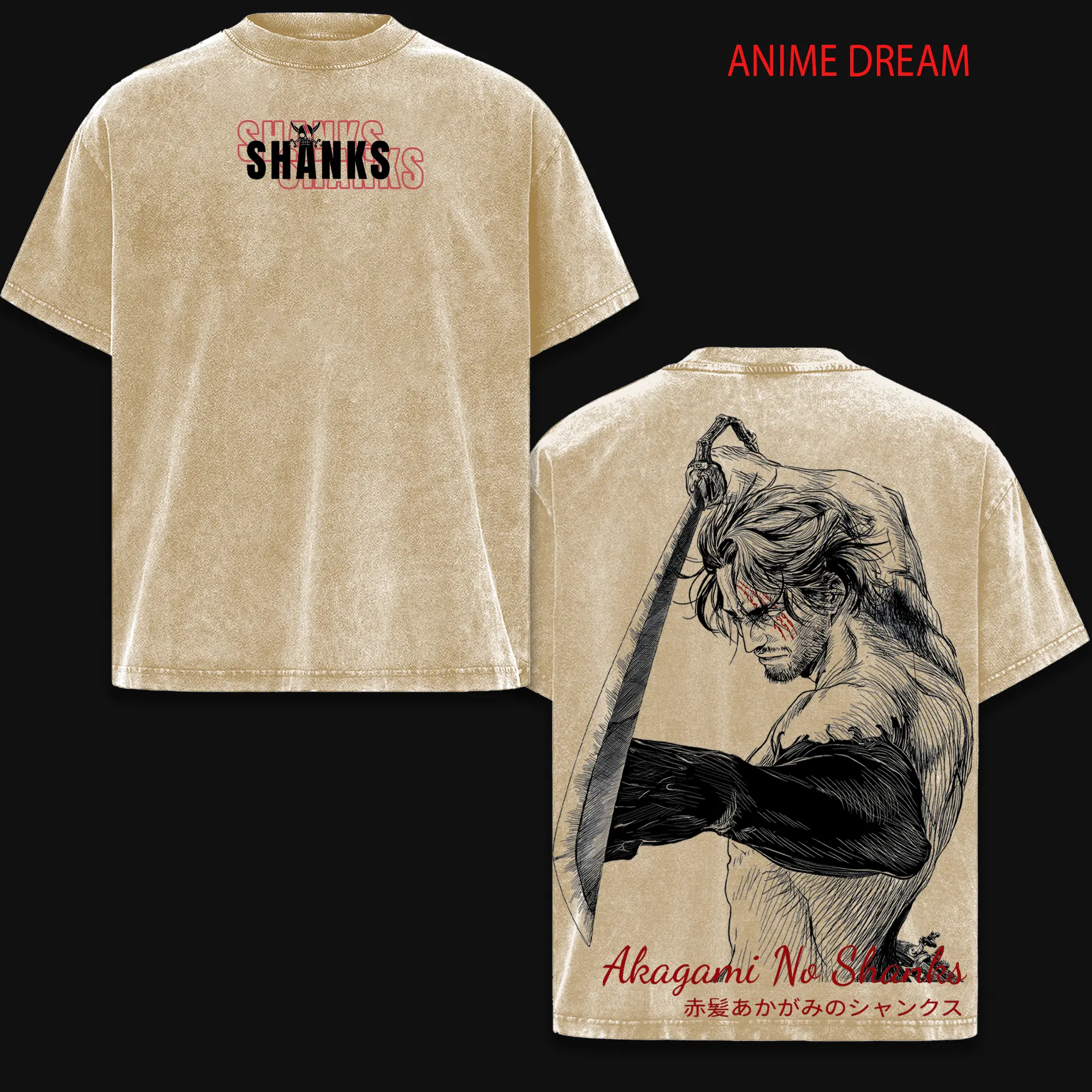 Akagami no Shanks Anime Double Printed Vintage Washed Tee Unisex Oversize Anime Manga Washed Heavyweight Cotton T-shirt