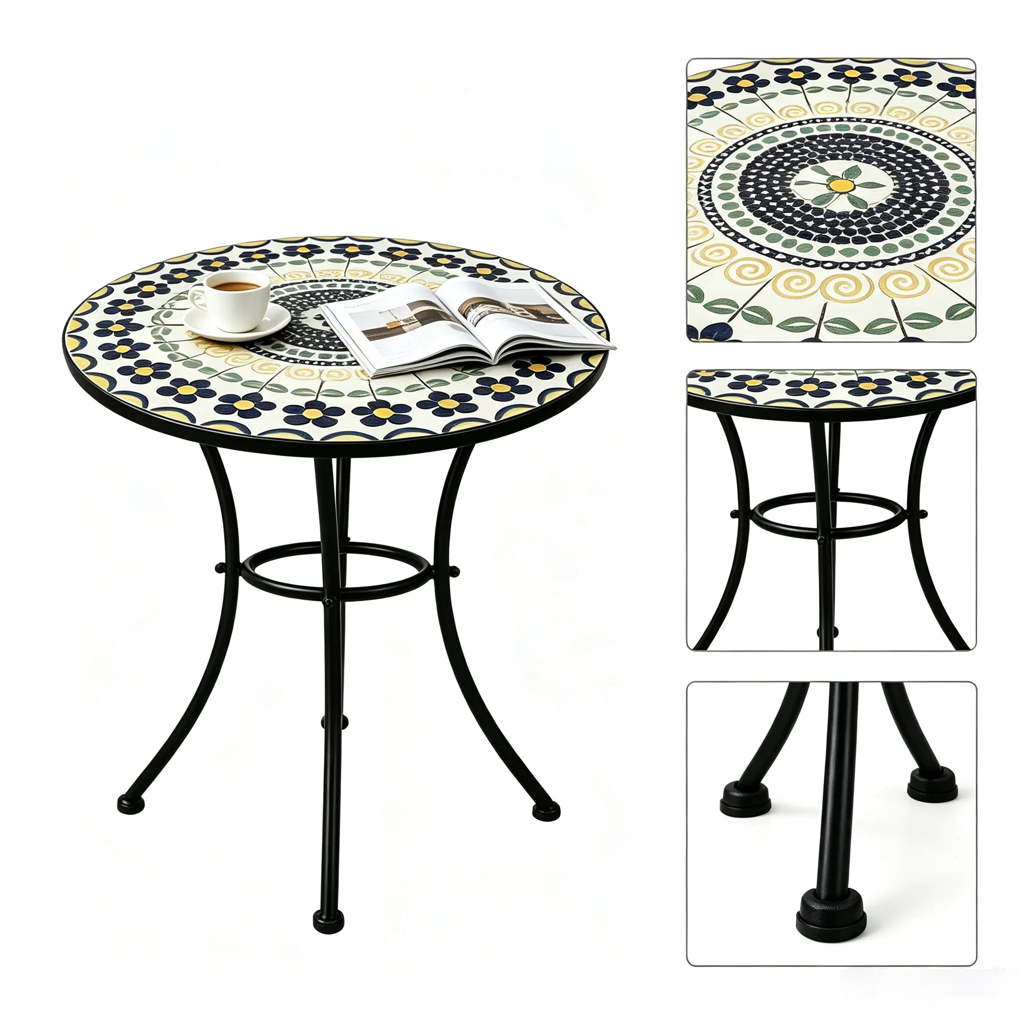 Mosaic Outdoor Side Table - Round Floral Ceramic Tile Top with Black Metal Frame, Rustproof Weather Resistant Patio Bistro Coffee Table for Garden Backyard Porch Balcony Small Spaces