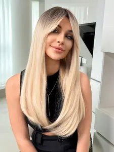 24 Inch Long Straight Wigs for Women, Gorgeous Fluffy Wigs with Bangs, Synthetic Full Machine Wigs for Party, Daily Use, Straight Hair Wig
