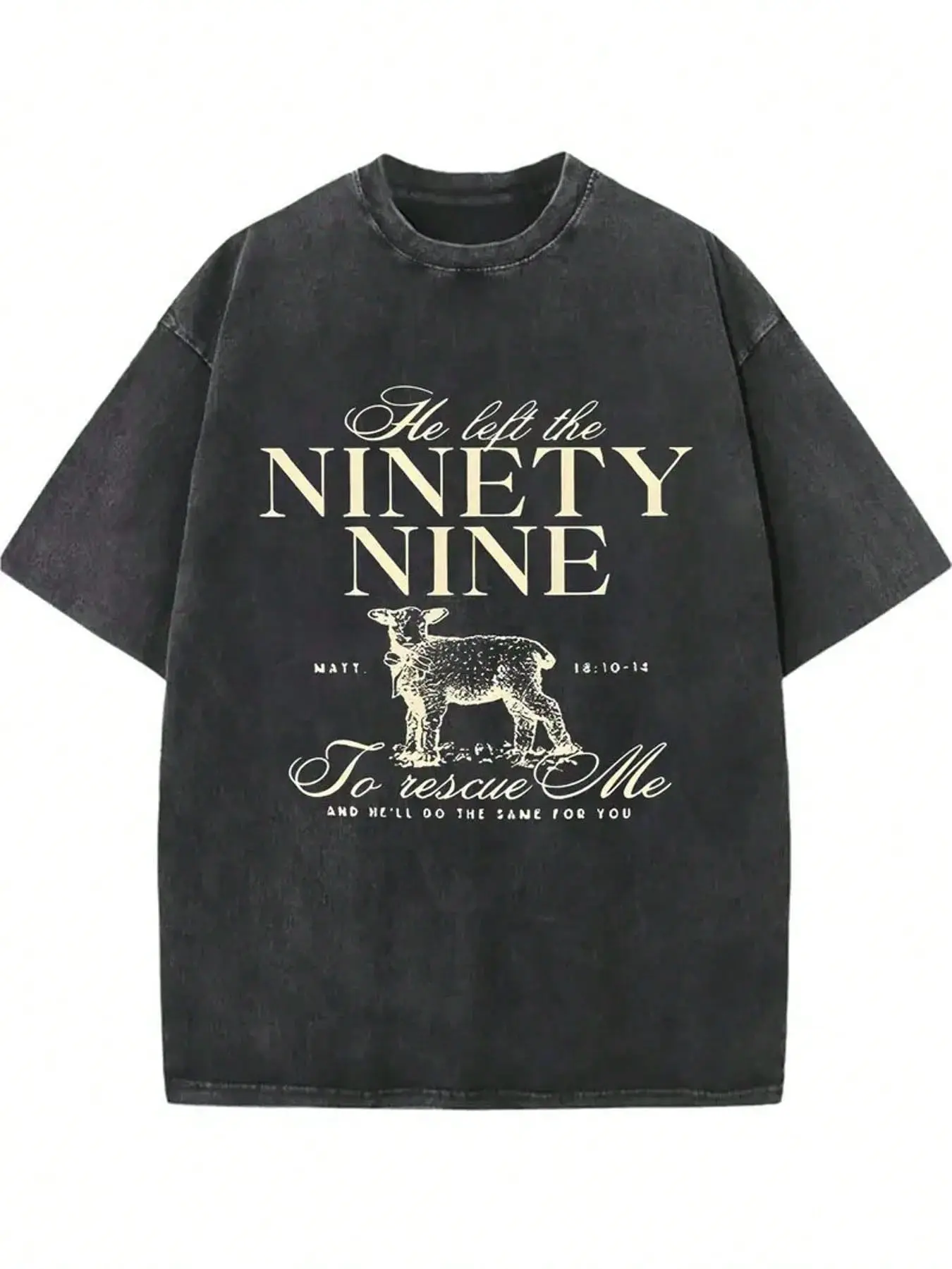 Vintage Christian Sheep T‑Shirt, He Left The Ninety‑Nine To Rescue Me Matthew 18:10‑14 Washed Black Cotton Oversized Short Sleeve Tee, Retro Faith‑Based Lamb Graphic Casual Crewneck Shirt