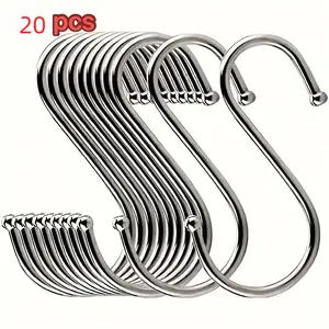 20 pcs Heavy-Duty Stainless Steel S-Hooks, Rustproof Kitchen Hooks with Curved Design, Space-Saving Organizer for Pots Pans Bags Cups Utensils, Ideal for Home Restaurant or Commercial Use, Easy Installation with Pre-Drilled Holes