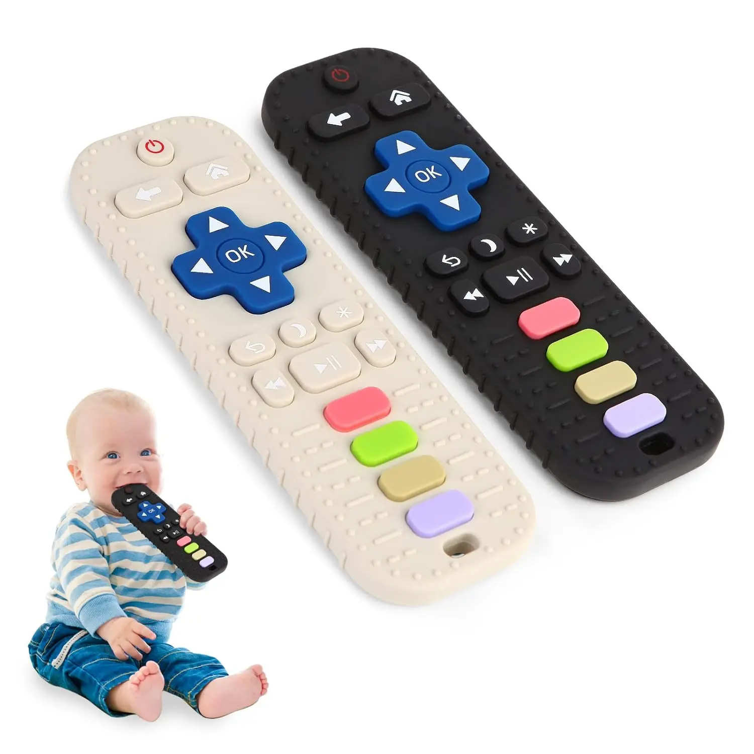 2 Pack Silicone Remote Control Teethers, BPA-Free,Safe Sensory Teething Toys for Babies 3-18 Months, Essential Baby Care Item for Boys & Girls, Baby Shower, Sterilized