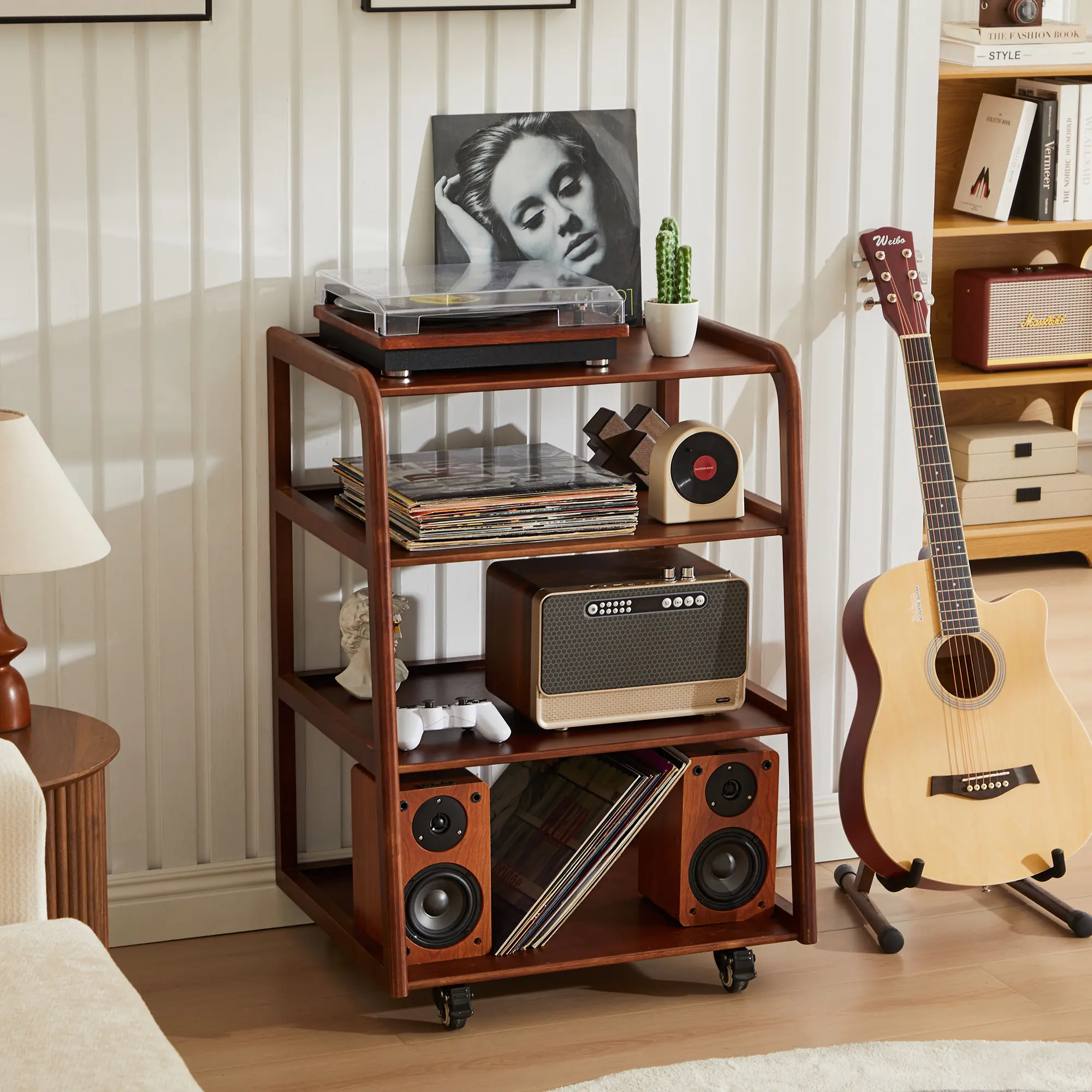 Giratree Solid Wood AV Media Stand, 4-Tier Audio Rack with Lockable Casters | Heavy Duty Record Player Stand with Vinyl Record Storage & Raised Edge Shelves