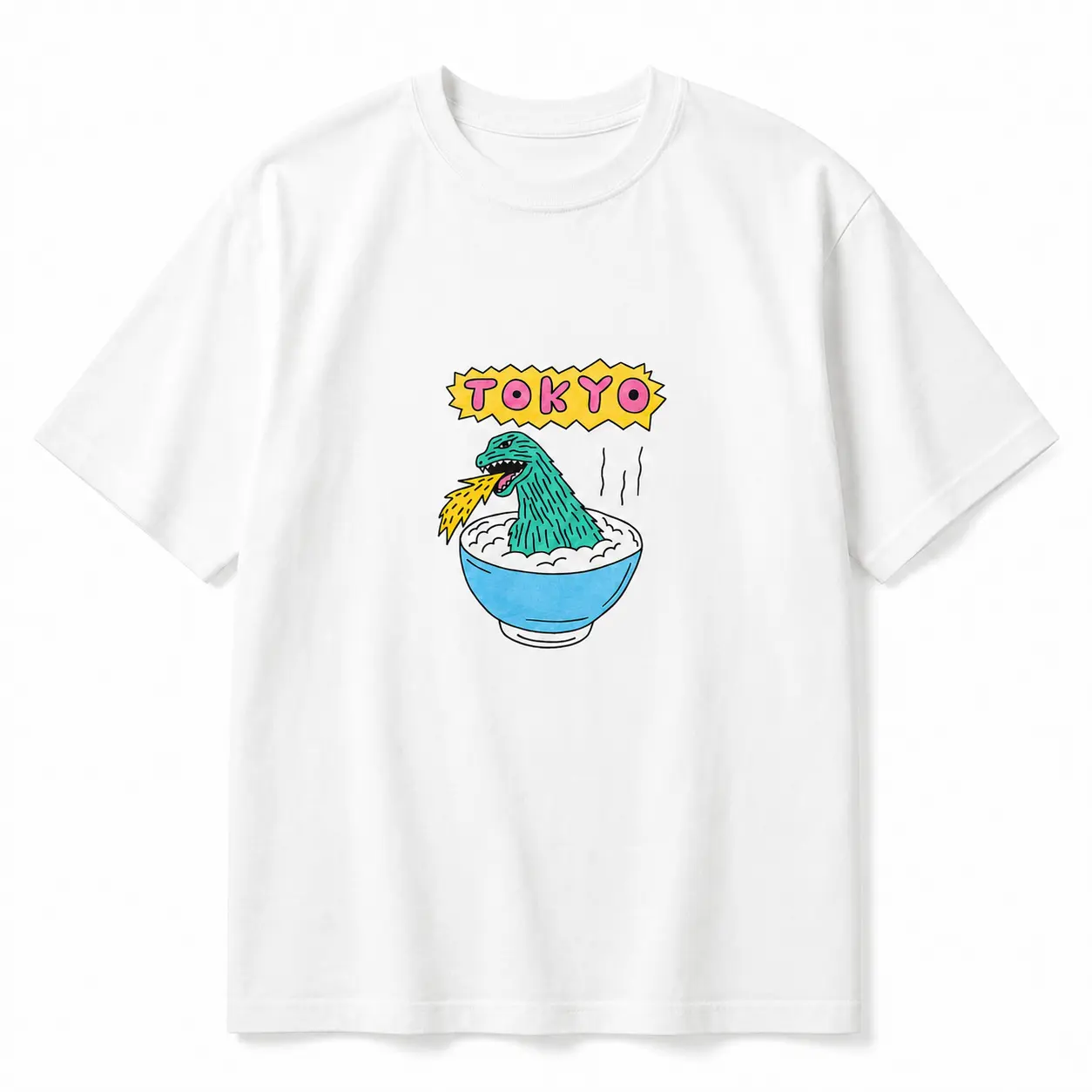 Men's Unisex Oversized Crew Neck Ramen Bowl Tokyo Monster Graphic T-Shirt - White Cotton, Casual Short Sleeve, Aesthetic Playful Streetwear Summer Apparel, Style 2721