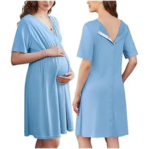 Labor and Delivery Gown for Hospital Short Sleeve Maternity Nursing Dress Nightgown with Button S-XXL Skin-friendly Comfortable Material V Neck Design for Pregnancy Postpartum