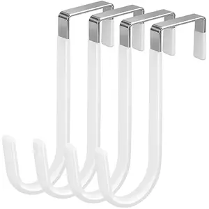 4-Pack Adjustable Over The Door Hooks, Fits 0.7-1.4in Thick Doors, Waterproof White Rubber Surface to Prevent Scratches, for Bathroom, Kitchen Hanging Clothes, Towels, Bags, Home Organiser