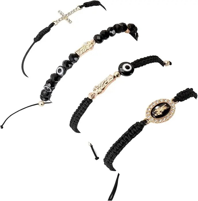 4pcs Rhinestone Charms Set - Red Braided Black Rope Bracelets with Evil Eye, Heart & San Judas Charms, Unisex Wear Matching Pair Spiritual Gift for Couples, Virgin Mary Amulet Jewelry#tiktokshopbacktoschool, Evil Eye Charm