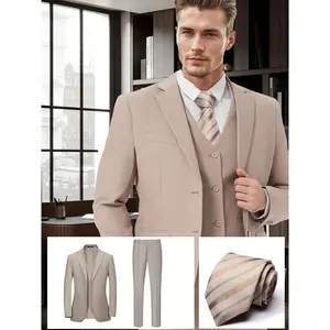 Men’s 4-Piece Classic Suit Set: Double-Breasted Jacket, Vest, Trousers & Tie – Champagne Color, Includes Assorted Ties, Perfect for Events & Meetings