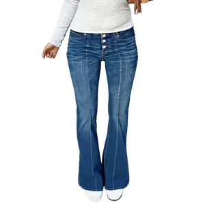 Women’s Low Rise Flare Jeans - Blue Washed Bootcut Denim Pants with Button Fly, Casual Retro Bell Bottom Trousers