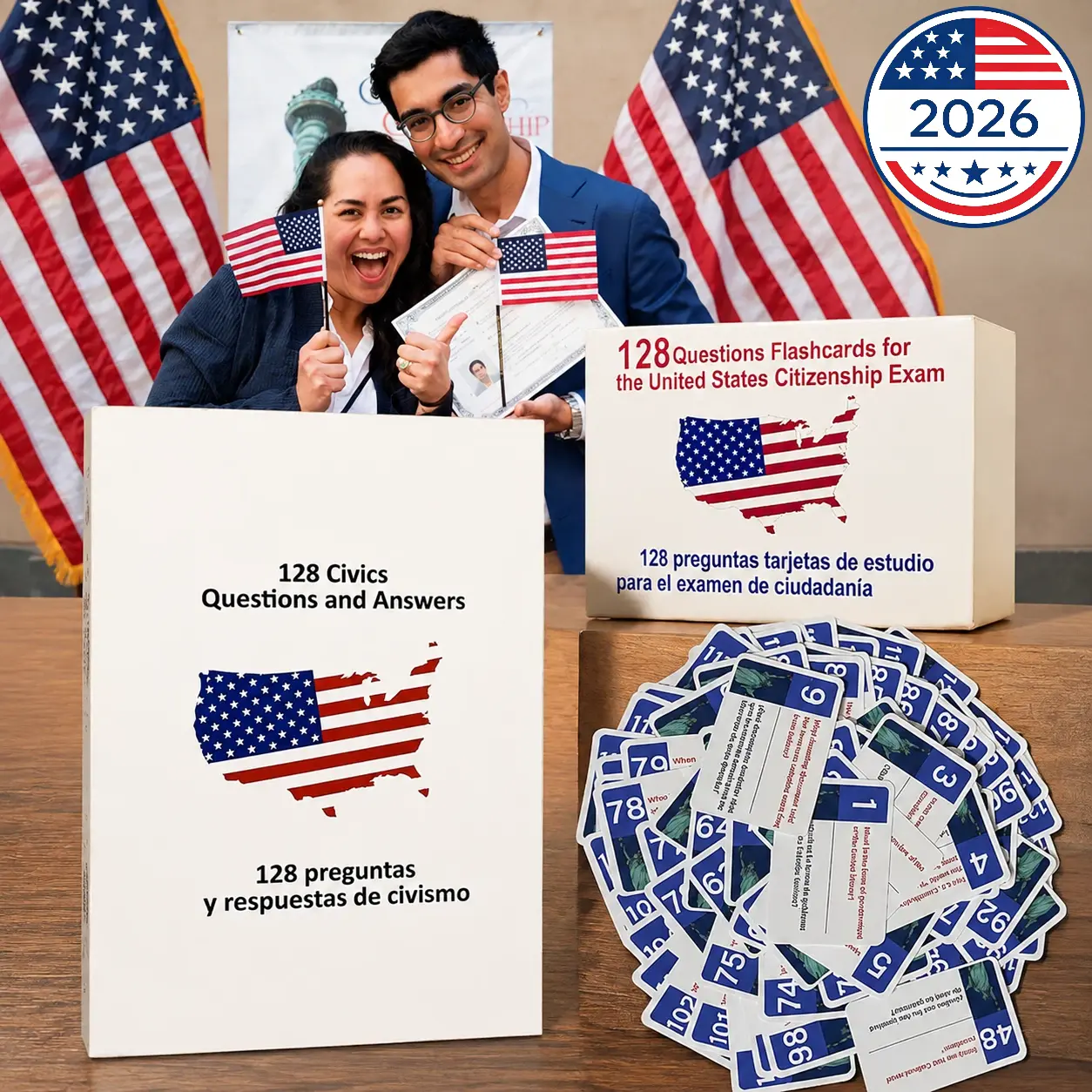 US Citizenship Bilingual Flash Cards 2026 - 128 USCIS Civics Questions & Answers, Bilingual Booklet Combo Set, English+Spanish Naturalization Study Guide, Durable Cardstock Handles Daily Study,back to school
