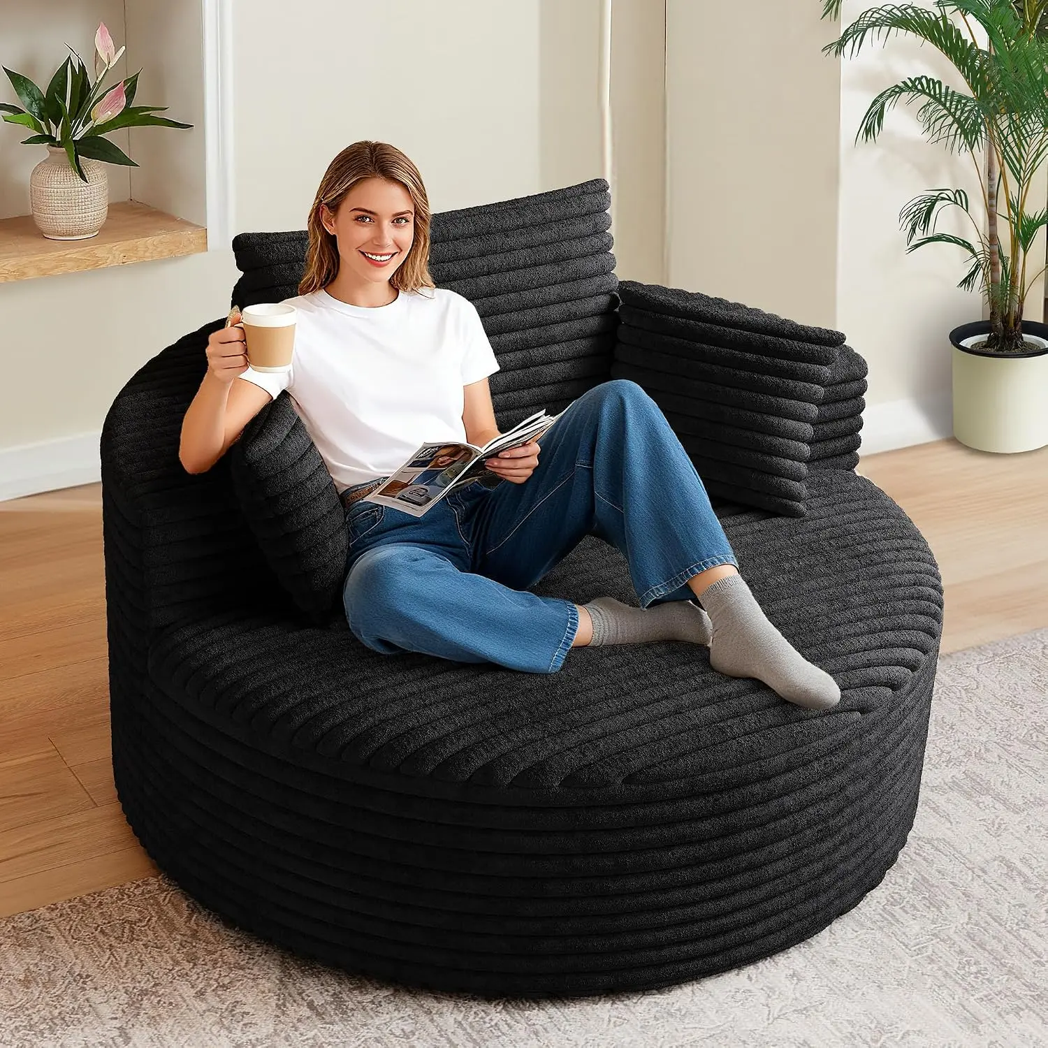 50" Oversized Round Chair Lounge Chaise Indoor, Modern Upholstered Corduroy Cloud Circle Chair with Deep Seat, Comfy Fluffy Sleeper Sofa for Reading, Living Room, Bedroom, No Assembly, Black