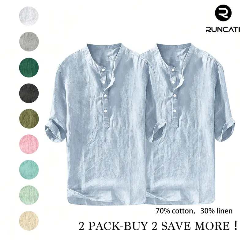 2-Pack Runcati Men Cotton Linen Henley Shirt 3/4 Sleeve Regular Fit Lightweight Summer Beach Yoga Top