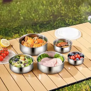 Stainless Steel Food Storage Container with Lid, 5pcs/set Stackable Leak-proof Kitchen Organizer, Durable Dishwasher-safe Round Container
