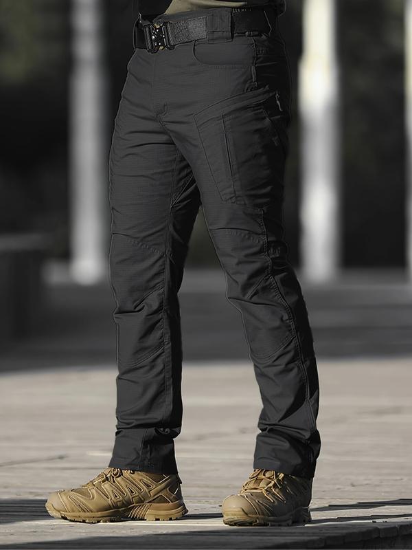 Men's Tactical Work Pants with Zipper Pockets, Plain Design, Durable Fabric, Casual Outdoor Hiking & Construction, Adjustable Waist