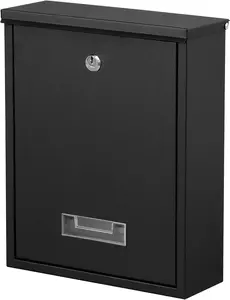 Locking Mailbox Wall Mount, Wall Mounted Mailbox with Key Lock, Large Drop Box with Galvanized Steel Cover, Rust-Proof Metal  Box, Black, 10.2 x 3.7 x 12.6