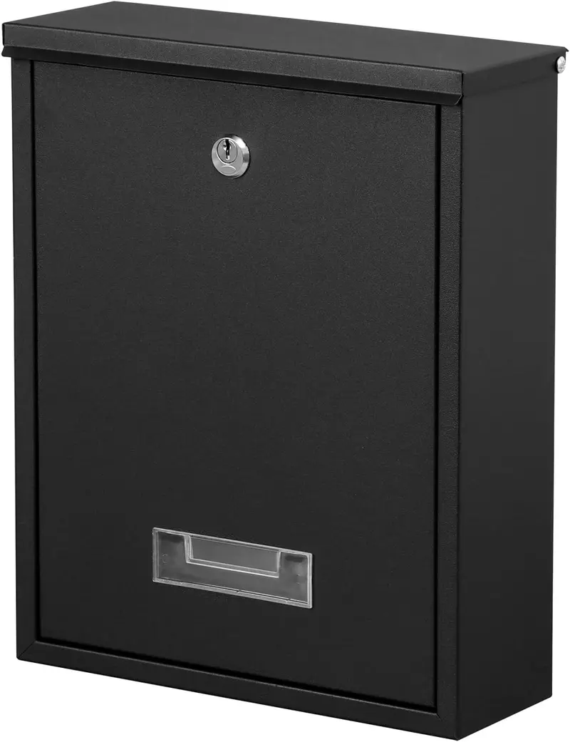 Locking Mailbox Wall Mount, Wall Mounted Mailbox with Key Lock, Large Drop Box with Galvanized Steel Cover, Rust-Proof Metal  Box, Black, 10.2 x 3.7 x 12.6