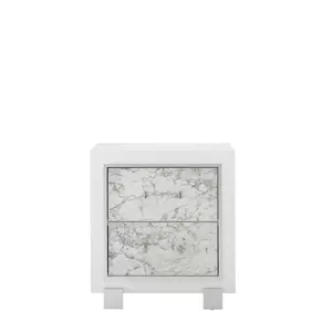 212 MAIN Modern Nightstand with 2 Faux Marble-Front Drawers, Drawer Pulls, Block Ft, White Contemporary Home Decor Piece, Block Feet, Drawer Glides