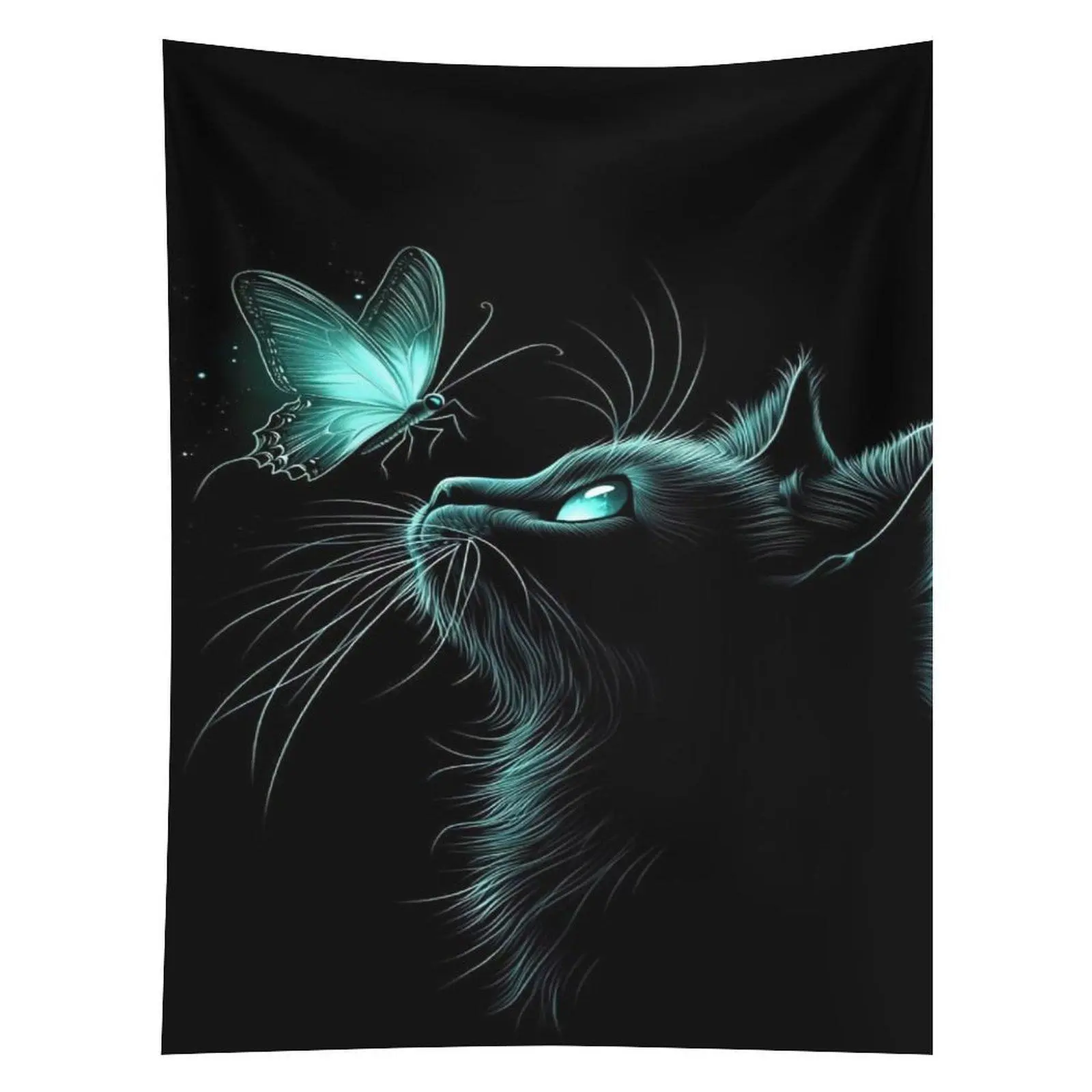 Glowing Black Cat Butterfly Tapestry Dark Teal Feline Wall Hanging Decor