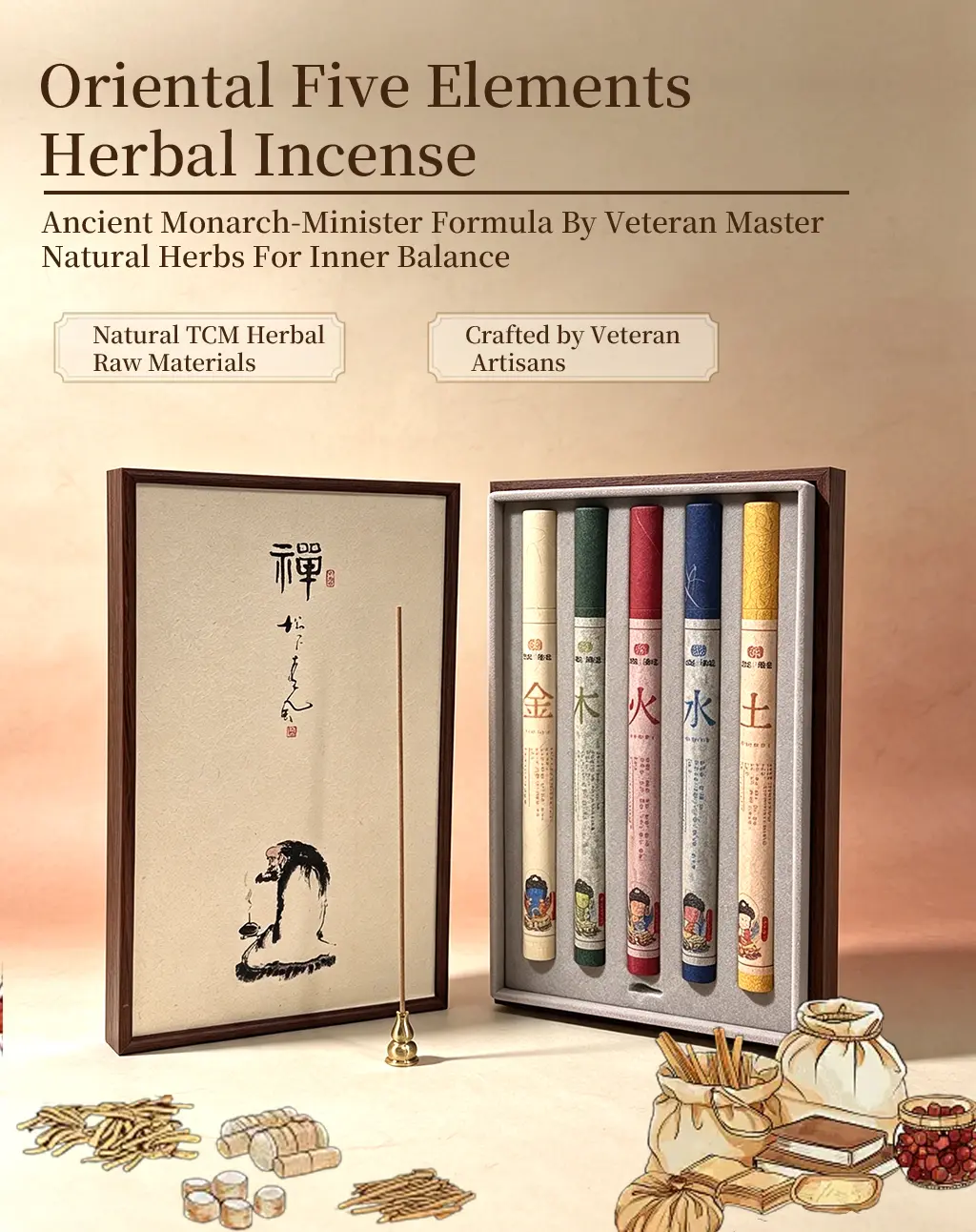 Oriental Five Elements Herbal Incense, Ancient Monarch-Minister Formula By Veteran Master, Natural Herbs For Inner Balance