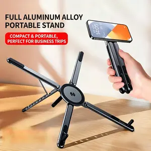 Portable Laptop Stand for Desk, Foldable Adjustable Computer Riser with Magnetic Phone Holder, Aluminum Laptop Stand for 10–16” Laptops & 4–13” Phones/Tablets (Silver)