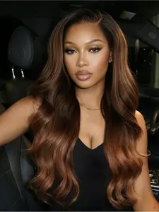 Brown Auburn Ombre Lace Front Wig 13x4 HD Transparent Lace Synthetic Wig 28" Long Wave Heat Resistant Hair Dark Chocolate to Copper Auburn to Caramel Brown Gradient Free Part Pre Plucked Natural Hairline Heat Resistant Wigs Lace Frontal Wigs