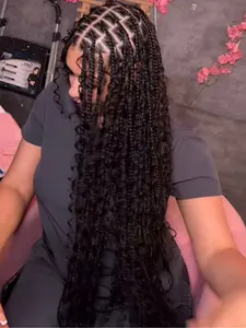 33 Inch Full Lace Front Box Braided Wig, Curly Hair Distressed Knotless Bohemian Style, Long Synthetic Twist Wigs for Women