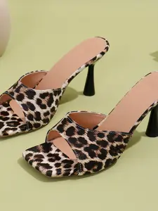 Women's Leopard Print Square Toe High Heel Sandals, Open-Toe Summer Shoes, Elegant Fashion Footwear for Women, Stiletto Heeled Sandals
