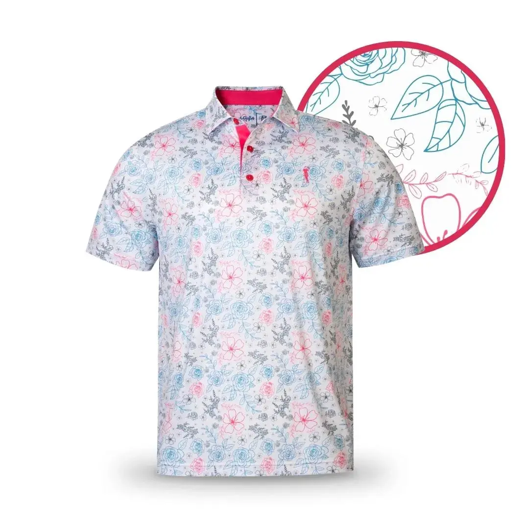 Men's Short-Sleeve White Neon Rose Golf Polo Shirt - Classic Grunk Dolfer Design, Spandex Fabric, Pink Trim, Floral Print, Standout Style, Shortsleeve, Tops, Standout In Crowd