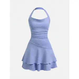 Girlism Teen Girl Knit Cropped Top And Ruched Dress Casual Dress With Halter Neckline
