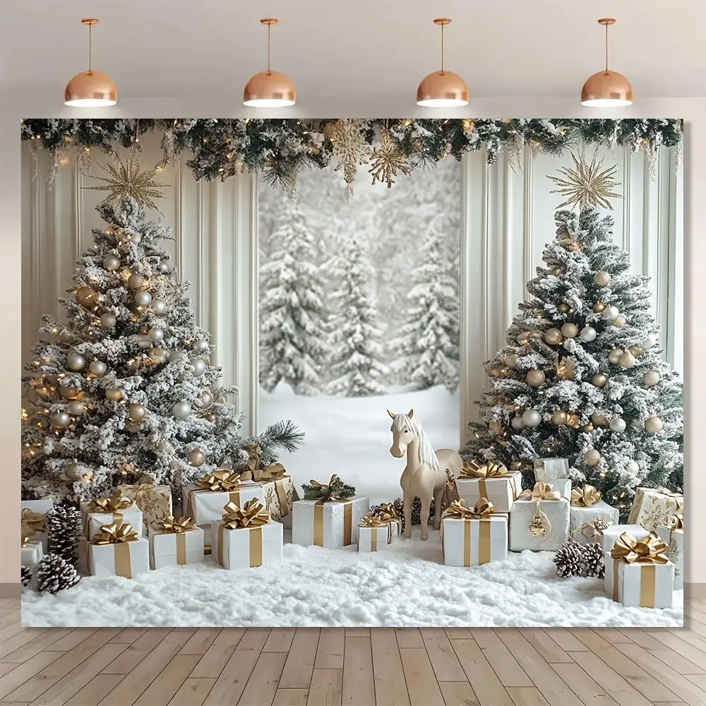 Polyester Christmas Backdrop Cloth - Snowy Trees, Gifts, Ornaments Design, No-Electricity Backdrop for Winter Celebrations, Birthday Parties, Party Decoration Supplies & Banners,summerwins