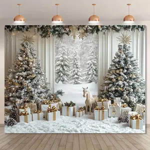 Festive Christmas Party Backdrop Cloth Polyester Holiday Wall Decor with Snowy Trees Gifts No Electricity Needed for Winter Celebrations Photo Booths