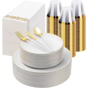 350 Pieces White Gold Plastic Dinnerware Set, Gold Disposable Plates for Party, Graduation, Include 100 White Plates with 150 Plastic Cutlery, 50 Napkins and 50 Cups
