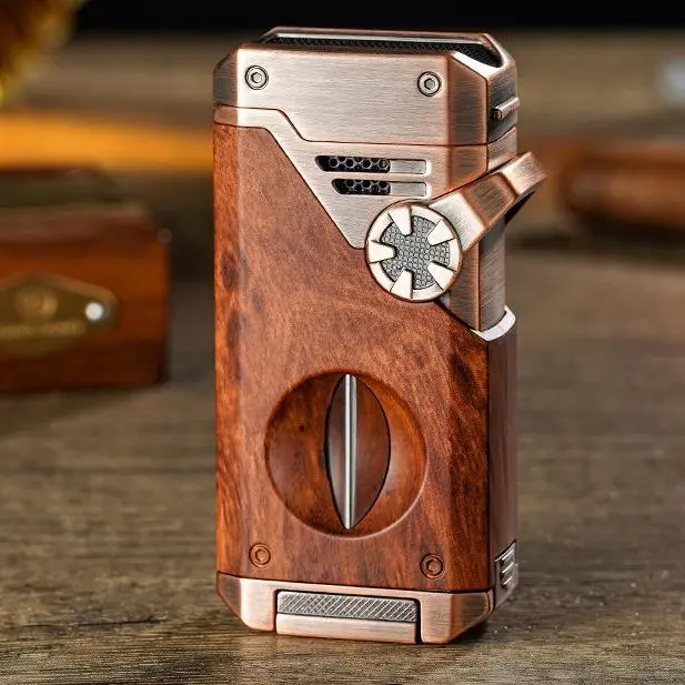 (Gas Not Included) 5-in-1 Windproof 4 Jet Butane Lighter, Refillable Flame Adjustable Lighter, EDC Pocket Tool for Outdoor & Daily Use, Gift for Men, Boyfriend, Father Business Gift Choice with Gift Box